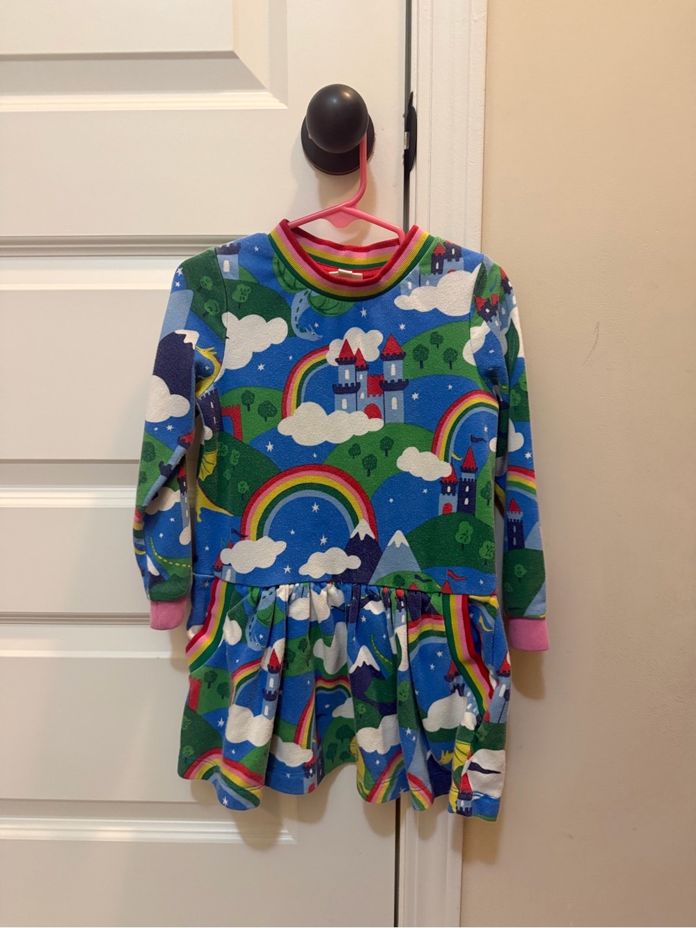 Mini Boden 3/4 Blue Rainbow Castle Print Dress